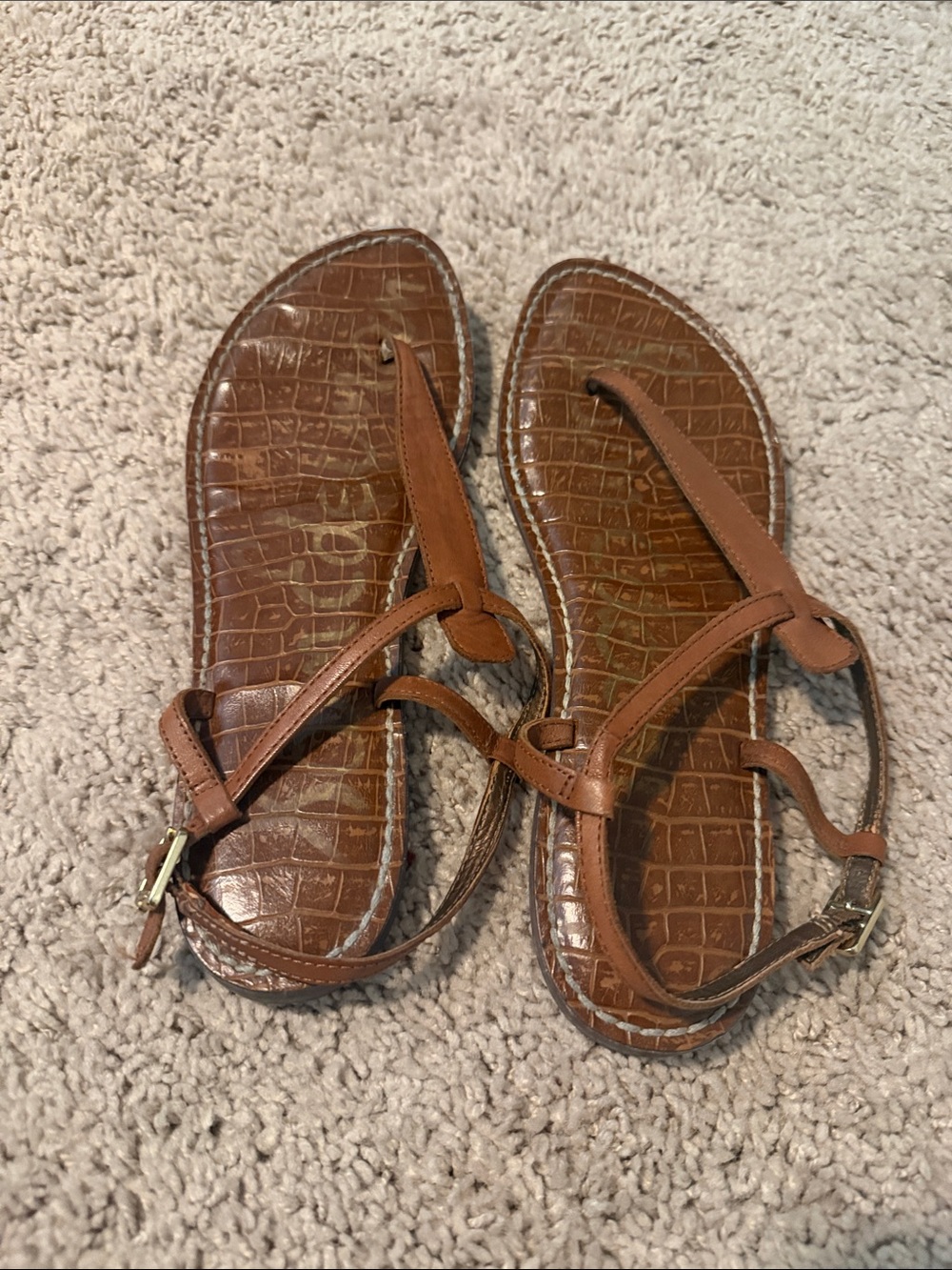 Sam Edelman Cognac Croc-Embossed T-Strap Sandals